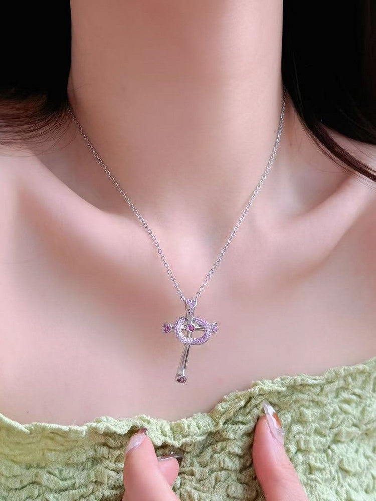 Pink/Blue/Green Y2K Bittersweet Rhinestone Heart And Cross Pendant Necklace