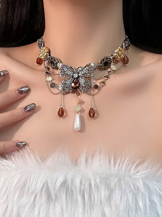 Butterfly Pendant Baroque Necklace Bronze Choker