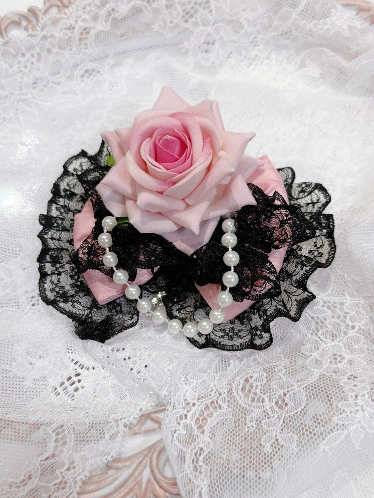 Black&Pink Floral Design Beaded Charm Lace Trim Bowknot Hairclip