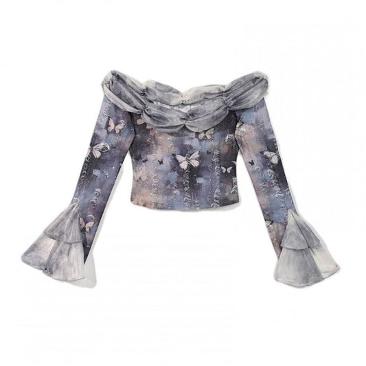 Off-the-shoulder Neckline Butterfly Print Dusty Blue Long Sleeves Top Corpse Bride Vibes