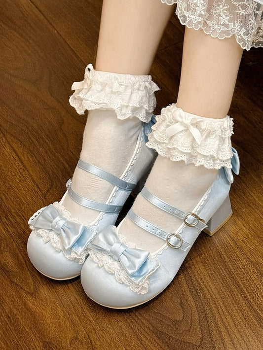 Blue Sweet Lolita Mid-heel Shoes - Round Toe with Ruffle Lace, Bow Decor & Paired Buckles