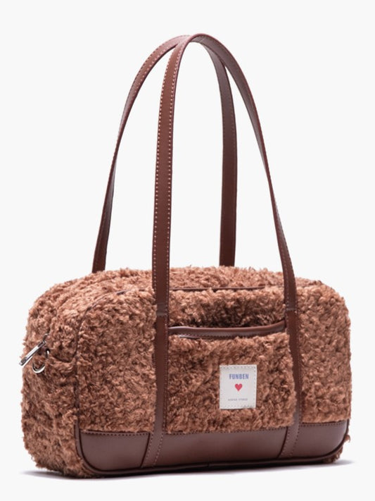 Brown Faux Teddy Fur Baguette Bag with Heart Tag