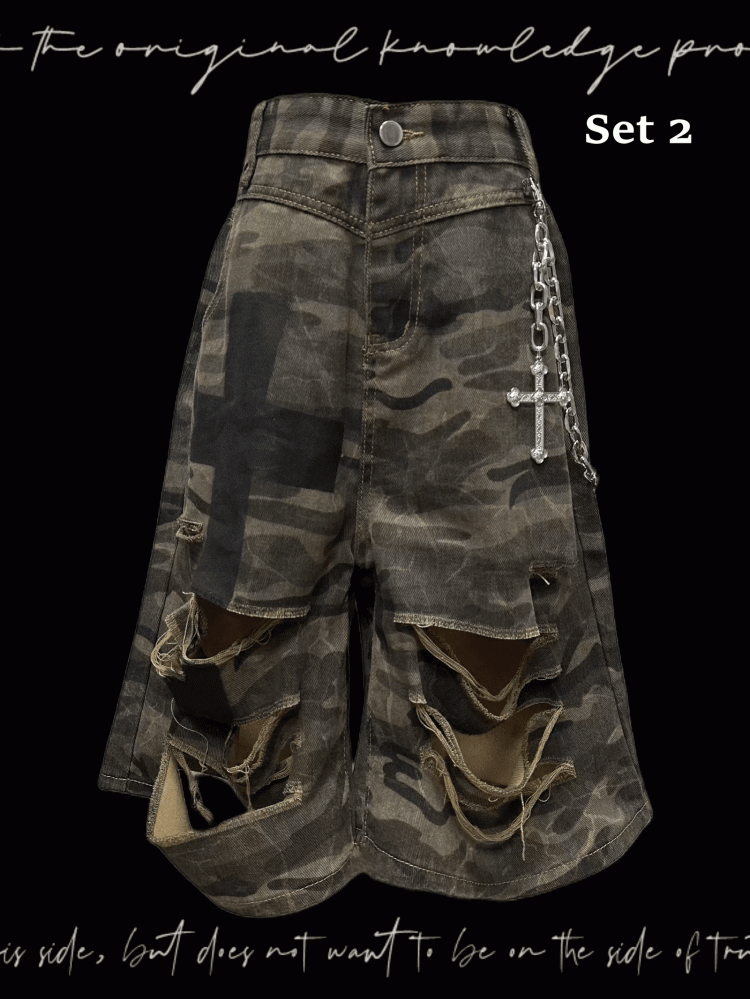 Camouflage Distressed Holes Wasteland Punk Wide-Leg Shorts