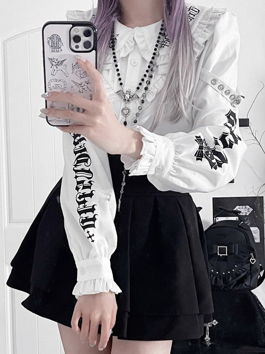 White Emo Punk Peter Pan Collar Letter Print Buckle Details Blouse