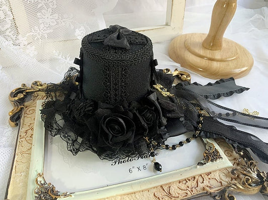 Gothic Cross Chains Black Floral Design Gorgeous Bowknots Mini Hat with Veil