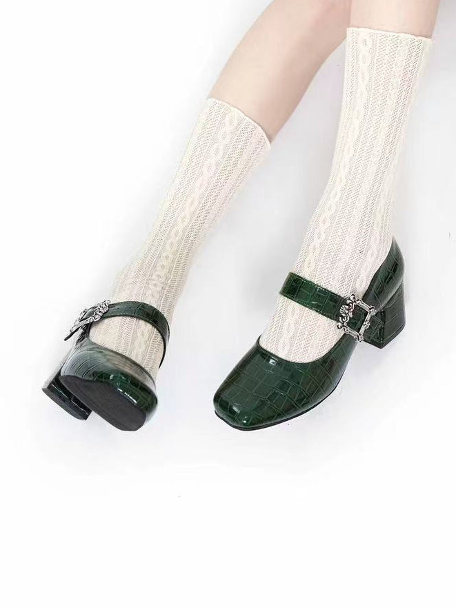 Polished Green 6CM Block Heels Mary Janes