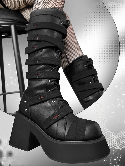 Crosses Gothic Black Platform Bandage Boots