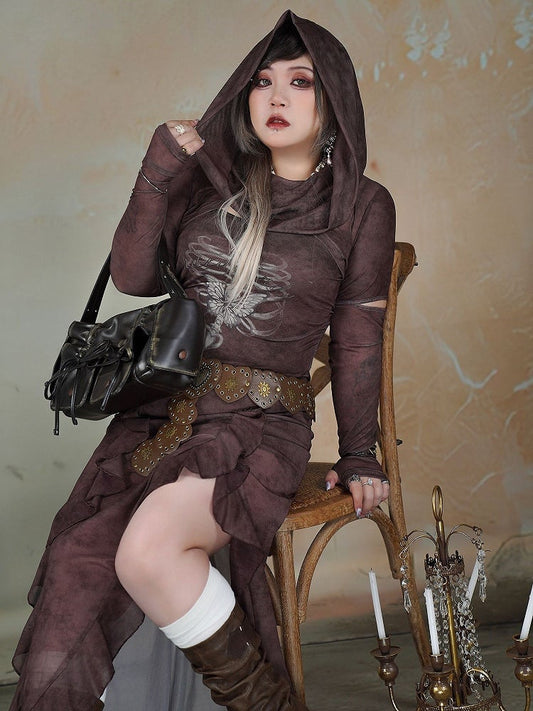 Plus Size Wasteland Punk Dark Coffee Sun Protection Hooded Top