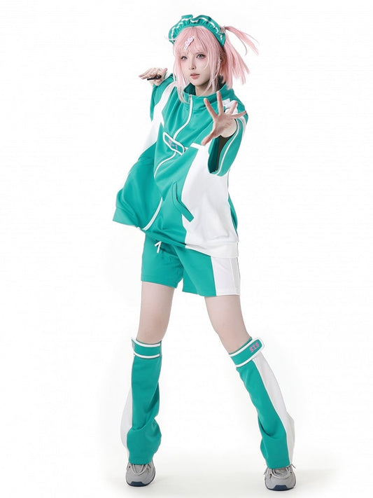 Green & White Colorblock Design Leg Warmers