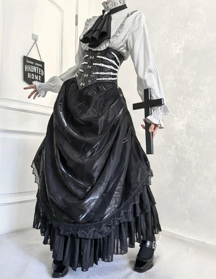 Hand bone Embroidery Black Gothic Lolita Leather Corset Belt