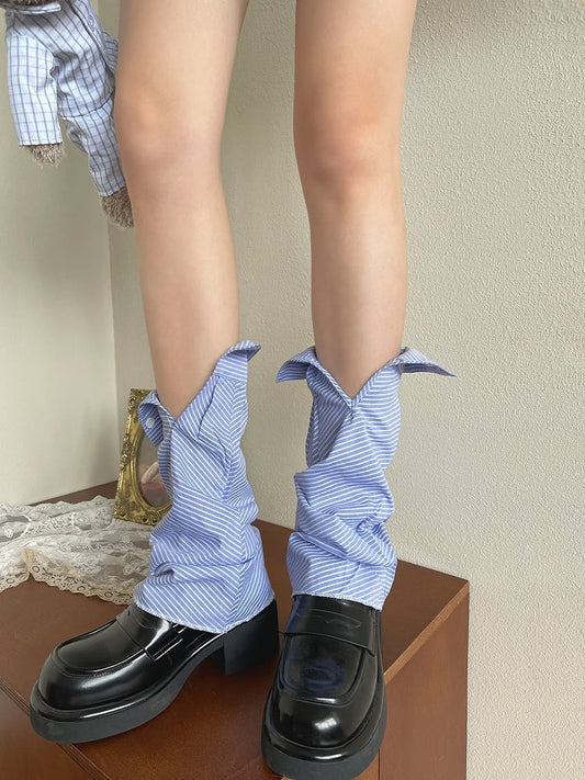 Navy Blue Striped Pattern Shirt Collar Design Cuffs Leg Sleeves