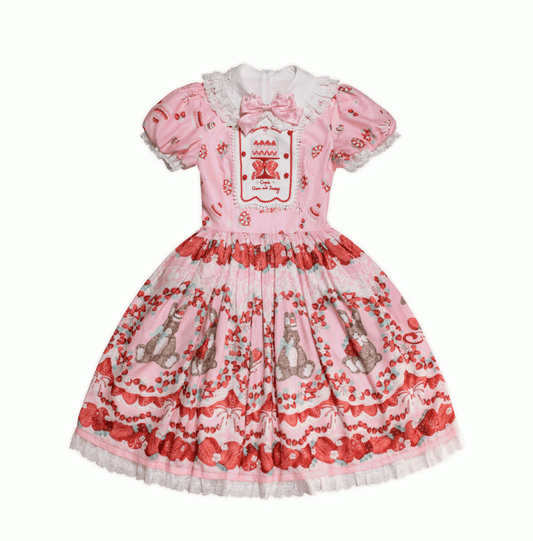 Strawberry and Bunny Print Pink Cottagecore Country Lolita One Piece Strawberry Cake Embroidery Front