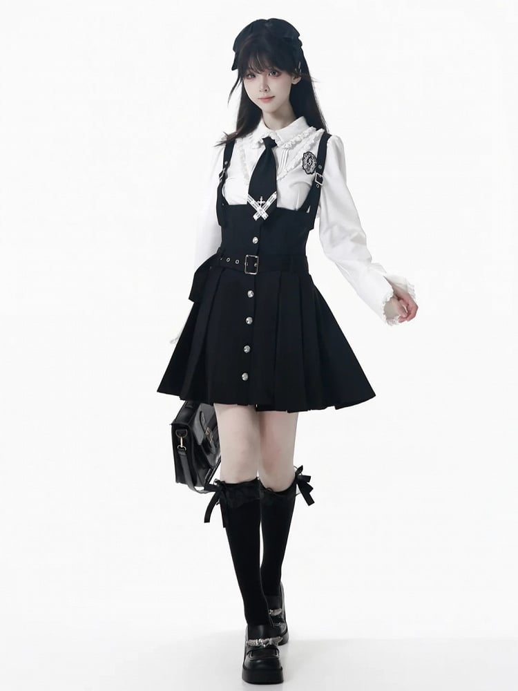 Black/Gray Adjustable Strap Box Pleat Overall Skirt with Belt