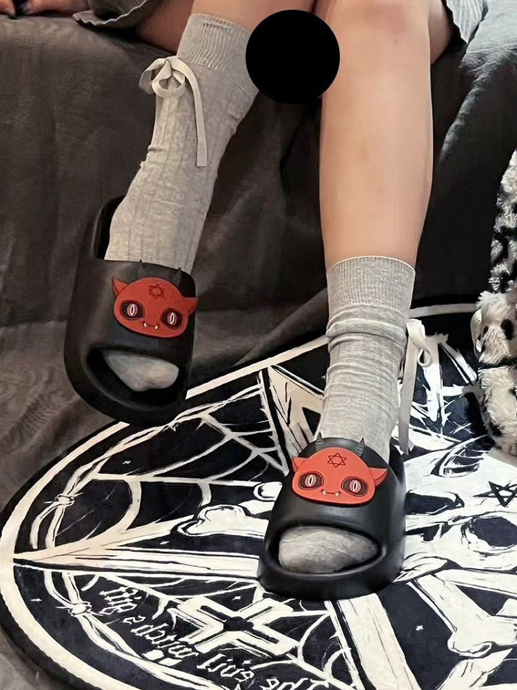 Black Gothic Summer Slippers With Red Devil Applique