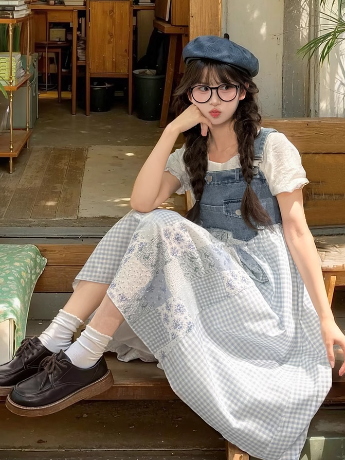 Blue Plaid and Floral Patchwork Design Mori Kei Denim Overall Dress