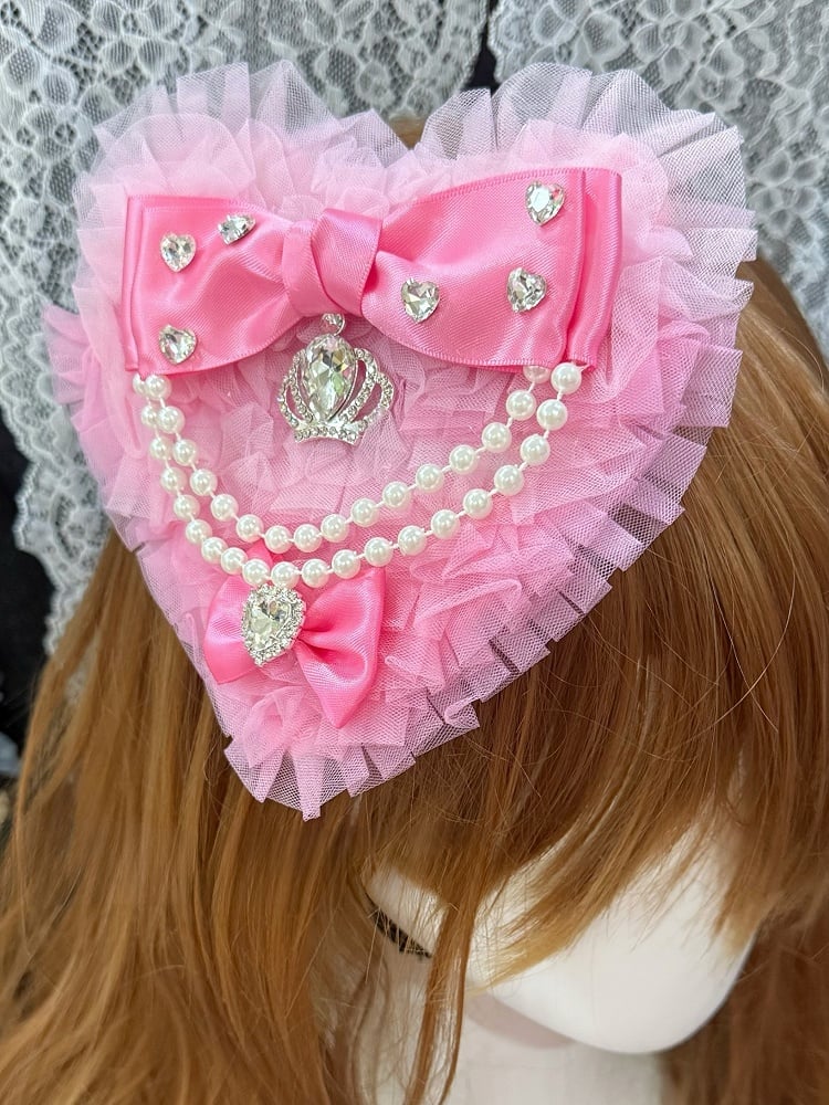 Pink Rhinestone Decorated Beaded Charm Bowknot Details Bowknot Details Heart-shaped Hairclip