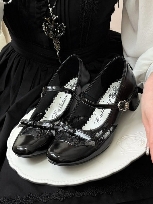 Black Gothic Bow at Top Spiderweb Design Mary Janes