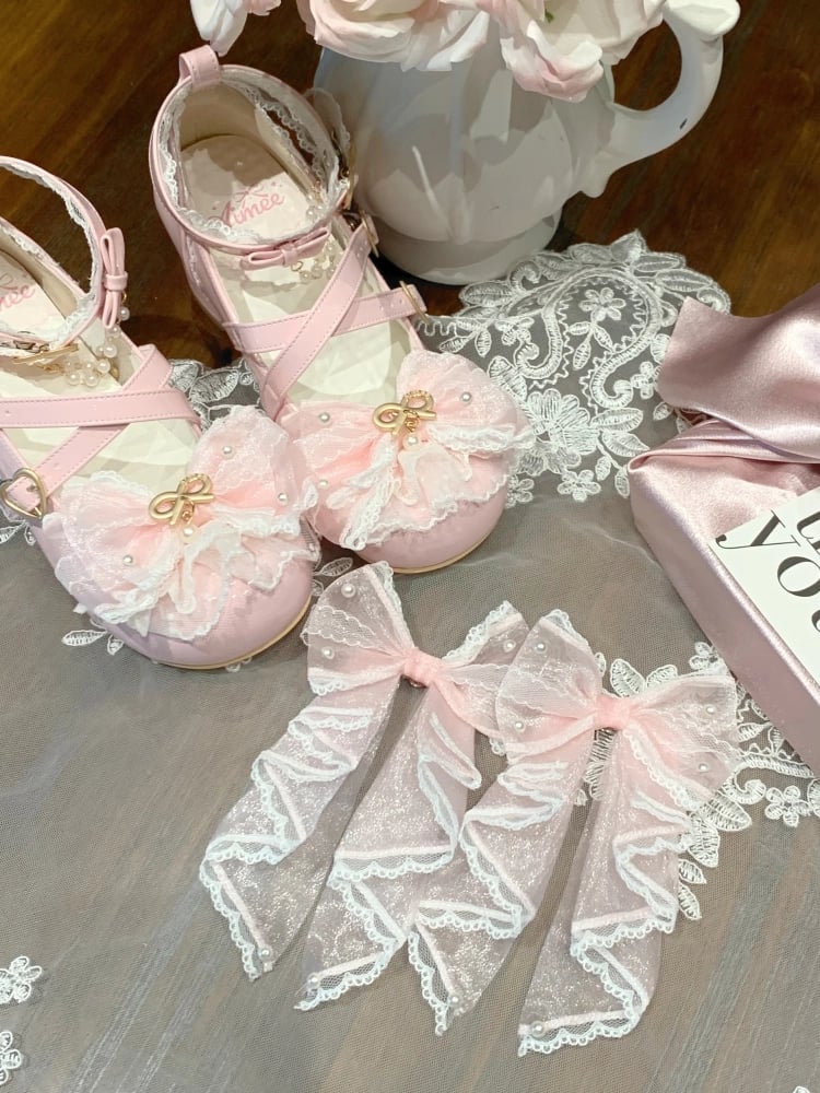 Light Pink Beaded Decorated Bow at Top Crisscross Design Lace Trim Sweet Lolita Shoes