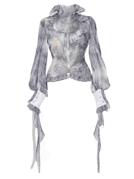 Corpse Bride Ruffle High Neck Dusty Blue Tie Dye Fabric Victorian Goth Long Bishop Sleeves Chiffon Shirt