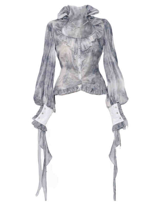 Corpse Bride Ruffle High Neck Dusty Blue Tie Dye Fabric Victorian Goth Long Bishop Sleeves Chiffon Shirt