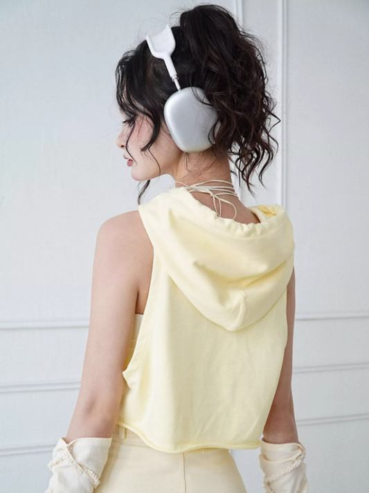 Light Yellow Kitty Print Hooded Top + White Cami Top Set