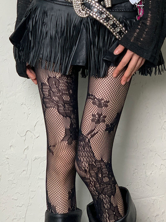Black Y2K Floral Pattern Hollow-out Tights