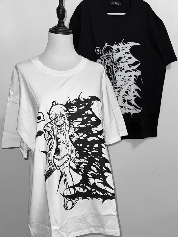 White/Black Jirai Kei Cartoon Girl Print Round Neck T-shirt