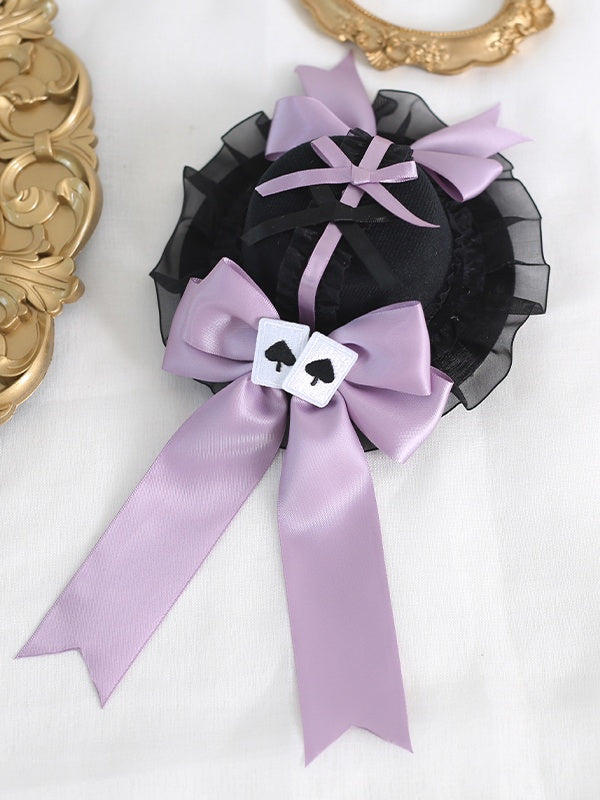 Simple Lolita Black Lace - trimmed Mini Hat with Detachable Purple Poker - themed Bowknot