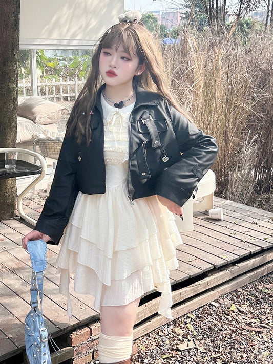 Plus Size - Black Buckles Decorated PU Jacket