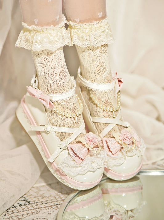 White Floral Design Bow at Top Lace Trim Heart Buckle Platforms With Detachable Beaded Chain