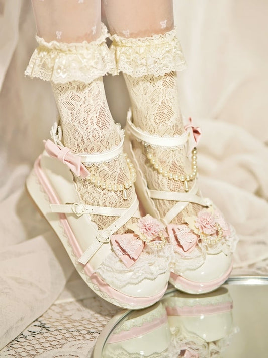 White Floral Design Bow at Top Lace Trim Heart Buckle Platforms With Detachable Beaded Chain