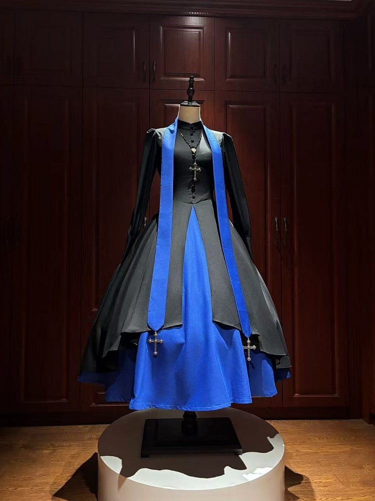 Black and Klein Blue Nun Lolita Long Sleeves Dress