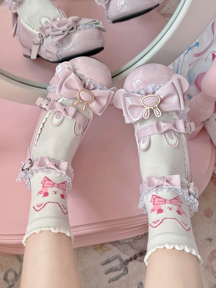 Pink White Kitty Print Lolita Ankle Socks