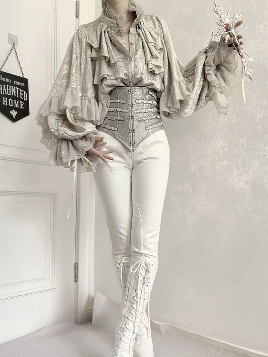 Silver Gothic Lolita Hand bone Embroidery Snakeskin-grain Leather Corset Belt