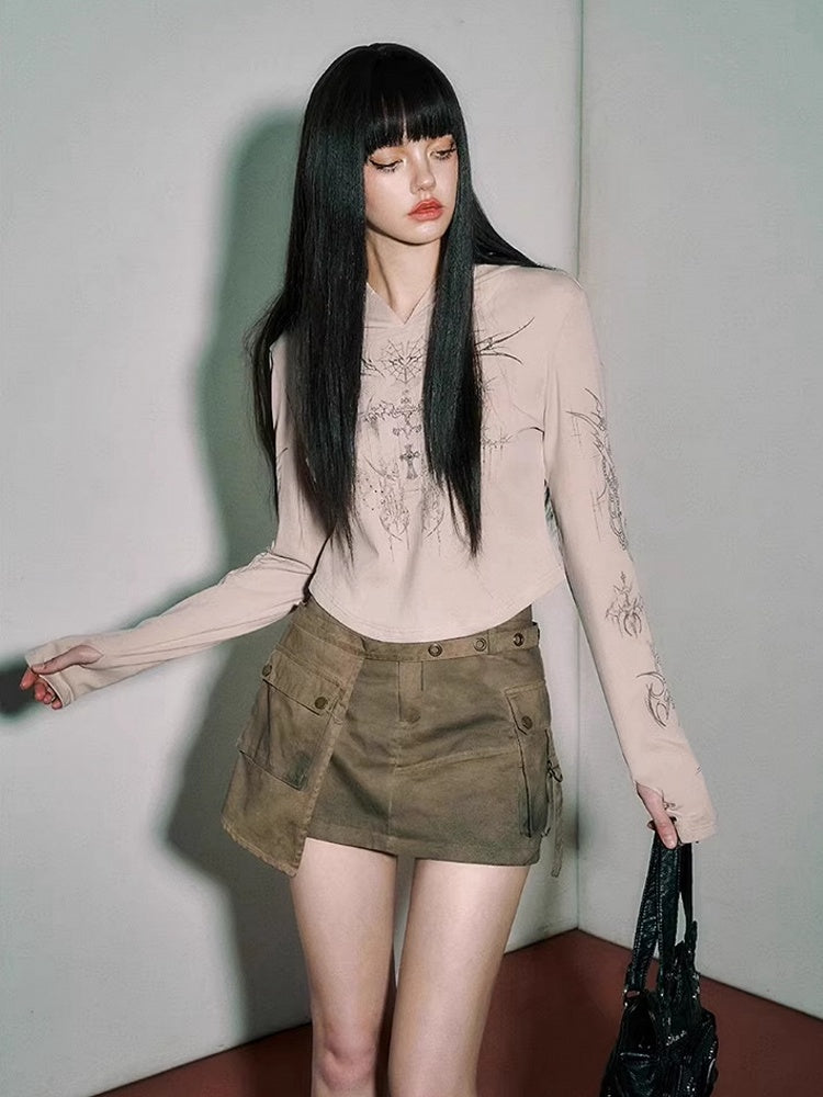 Punk Rock Cross and Spiderweb Print Camel Sun Protection Hooded Top