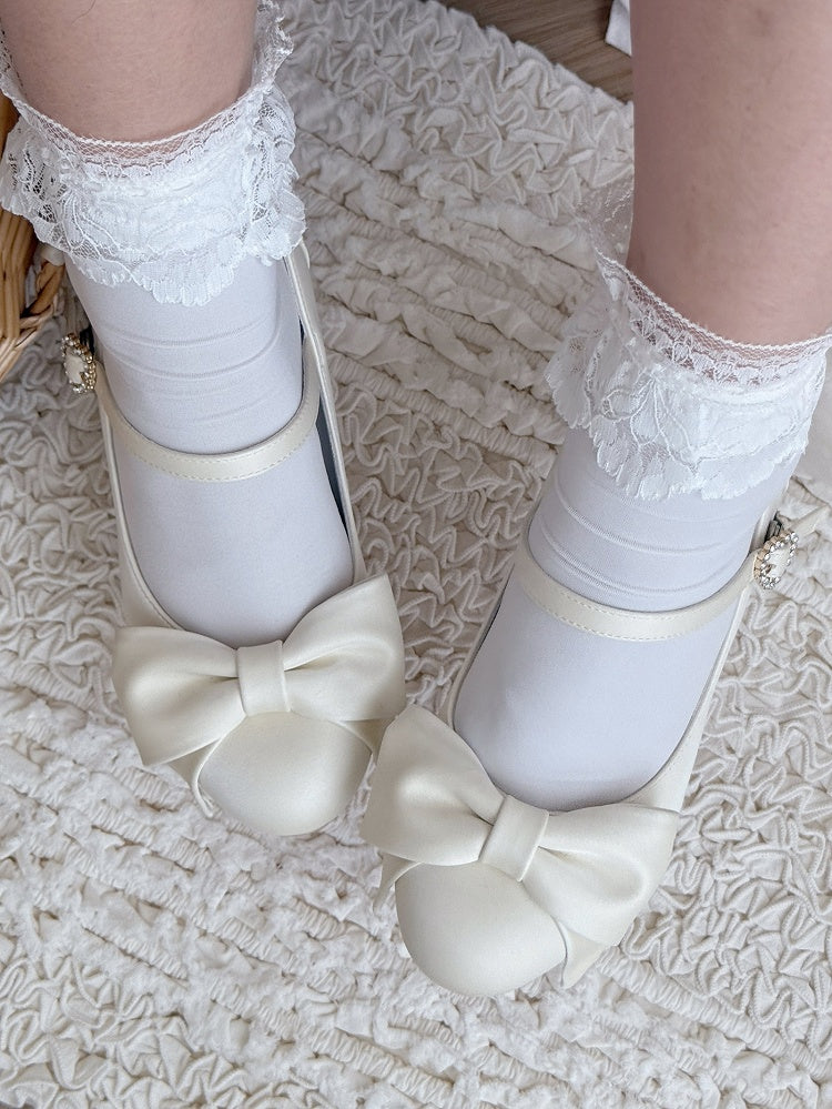 Elegant Creamy White Lolita Stilettos - Crystal Embellished Heart Buckle & Top Bow