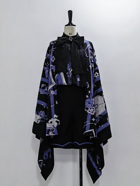 Black and Purple Striped Pattern Haori Poker and Tea Cup Print