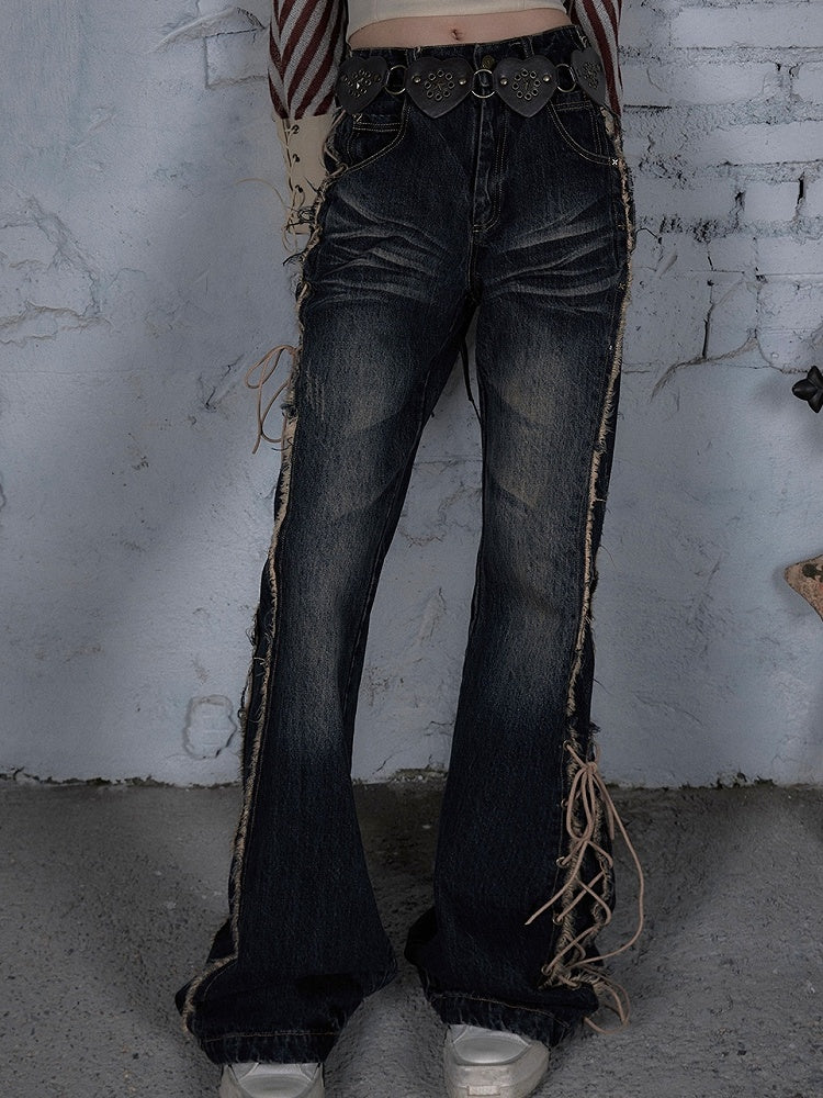 Dark Blue Wasteland Punk Raw Hem Lace-up Detail Fishtail Jeans