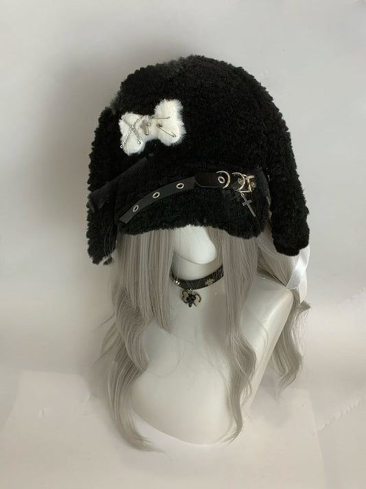 Black Cross and Pins Buckle Bunny Ear Plush Hat