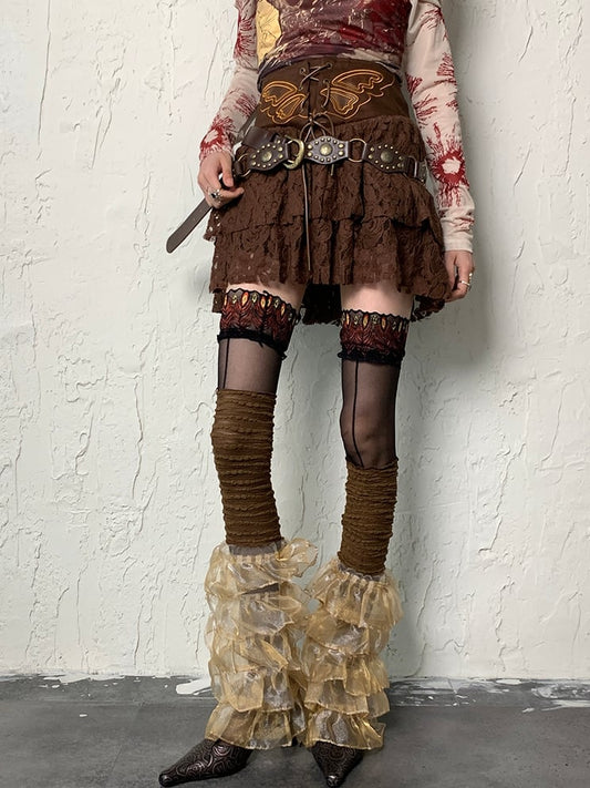 Brown Wasteland Punk Multi-layered Lace Trim Leg Sleeves