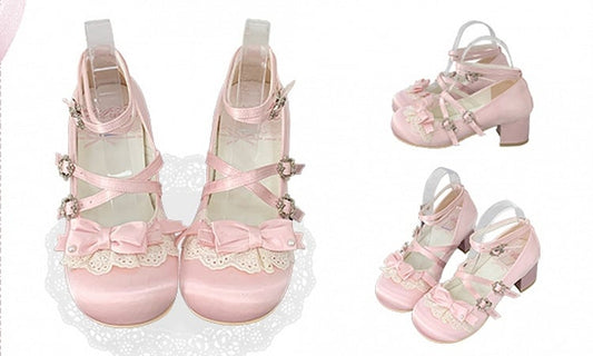 Pink Bow at Top Crisscross Buckle Straps Sweet Lolita Block Heel Mary Janes
