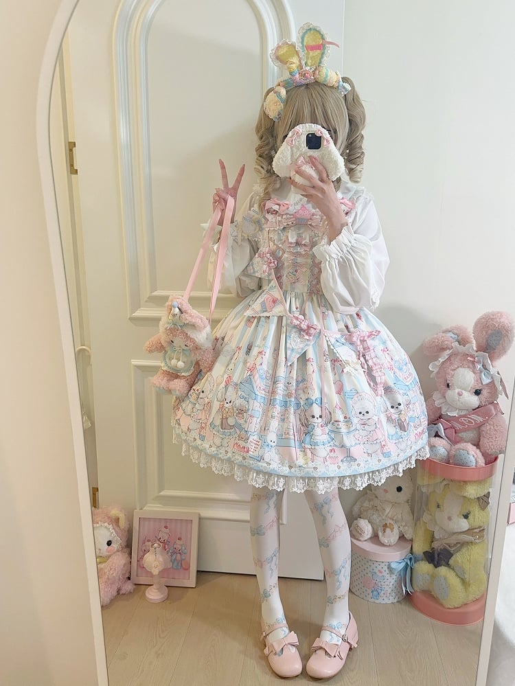 Puppy's Afternoon Tea Print Light Yellow Sweet Lolita Dress with Flags Ribbon