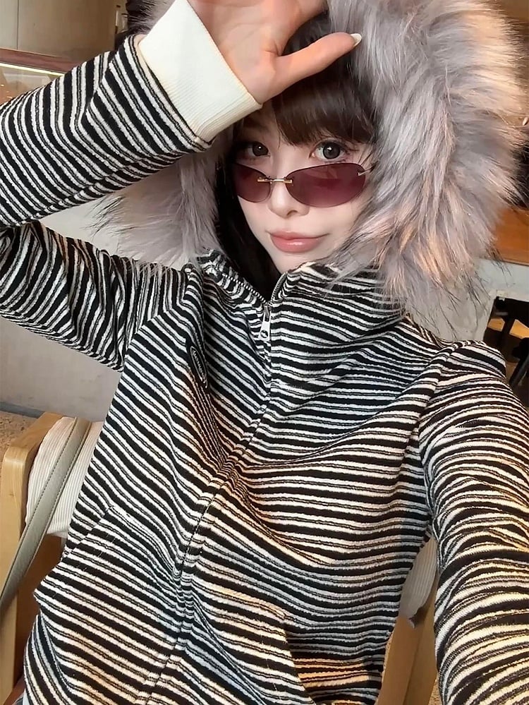 Black & White Striped Hoodie with Plush Fur Hood