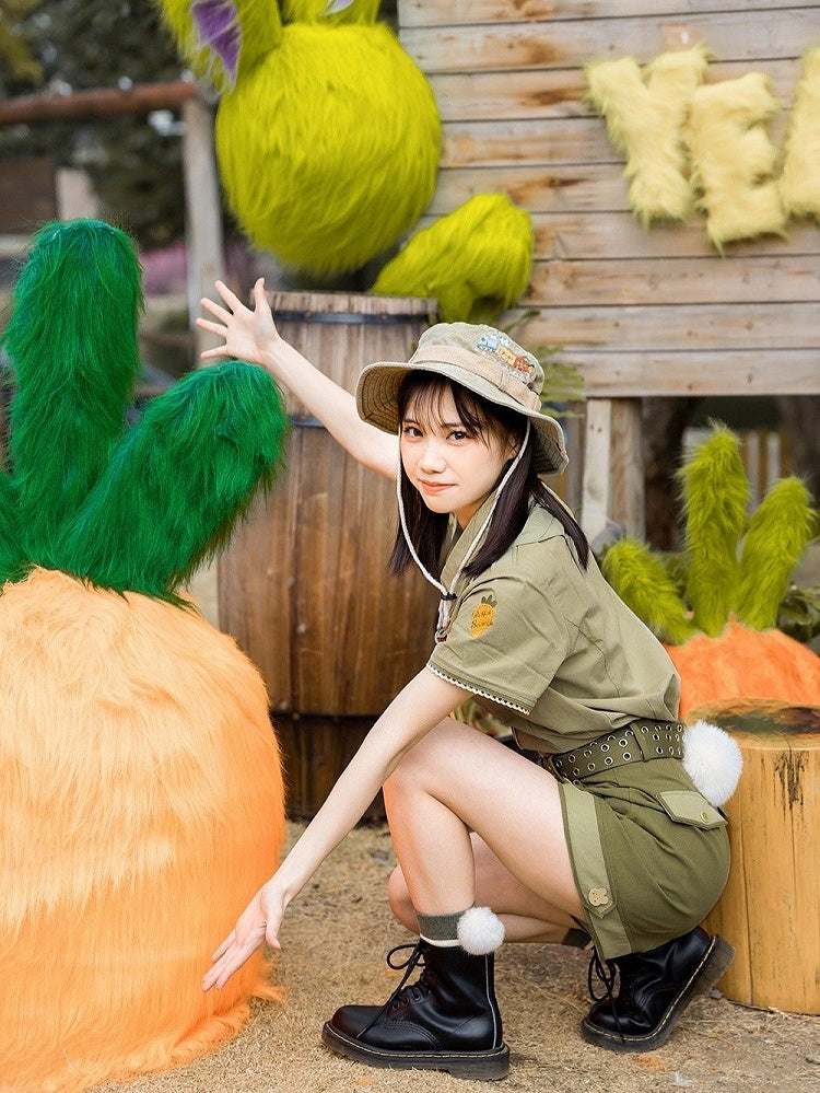 Cute Bunny Button-Up Shirt with Carrot Tie – Available in XS to 3XL