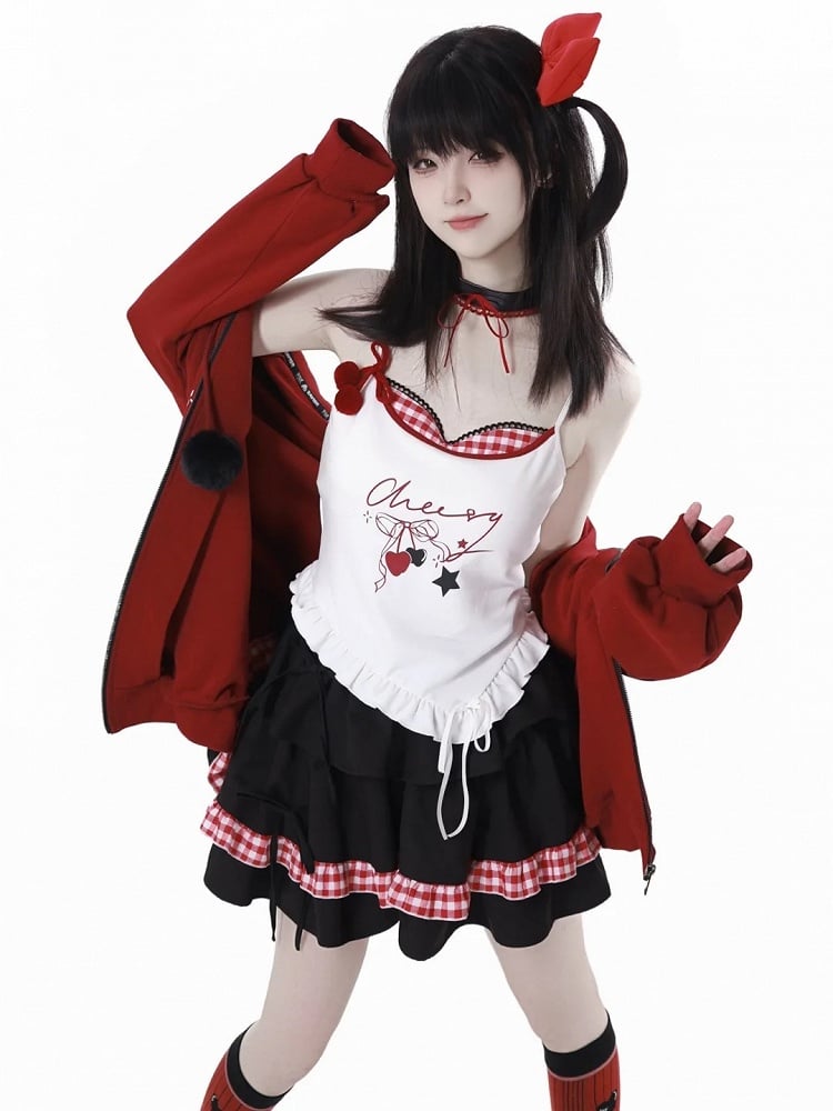 Cherry Charm White Cami Top with Red Plaid Neckline