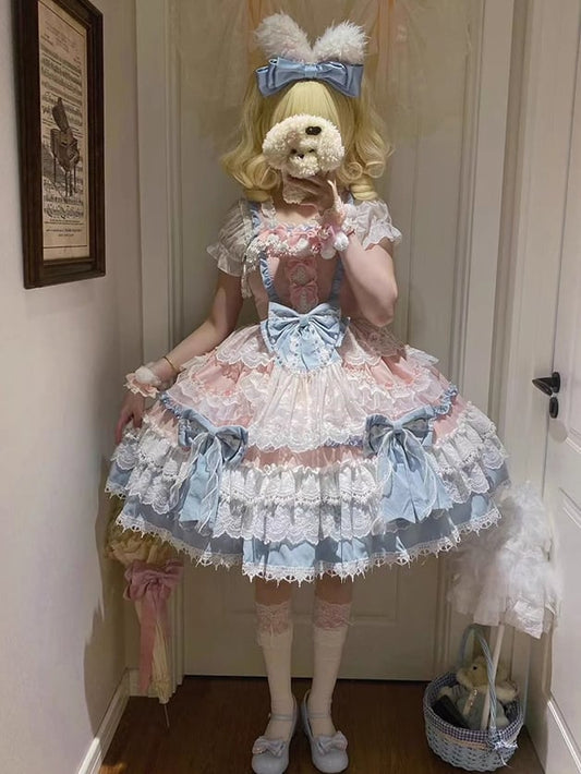 Blue and Pink Princess Dress Detachable Bows and Bead Details Sweet Lolita Dress