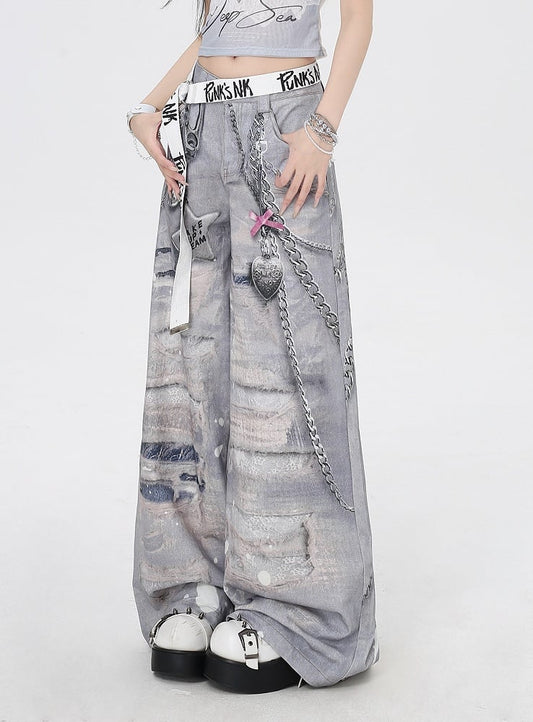 Grey Low Waist Distressed Holes and Chains 3D Print Wide-Leg Casual Pants