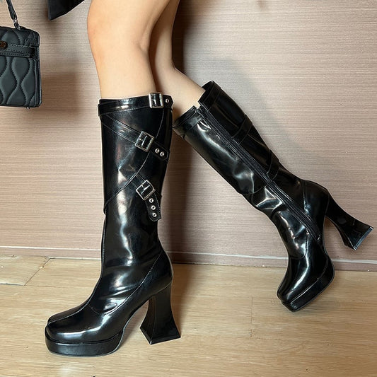Matte Black Buckle Straps High Block Heel Platform Boots