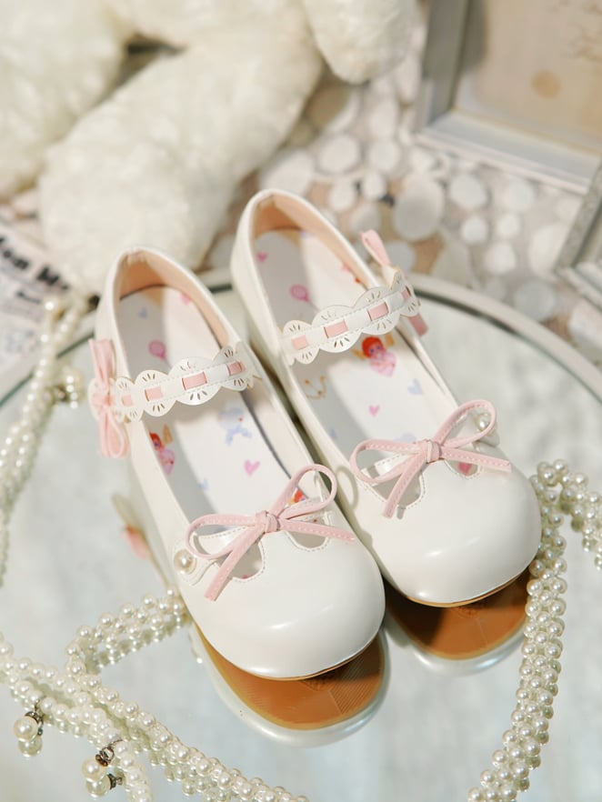 White Beaded Decorated Knotted Bow at Top Round Toe Lolita Shoes