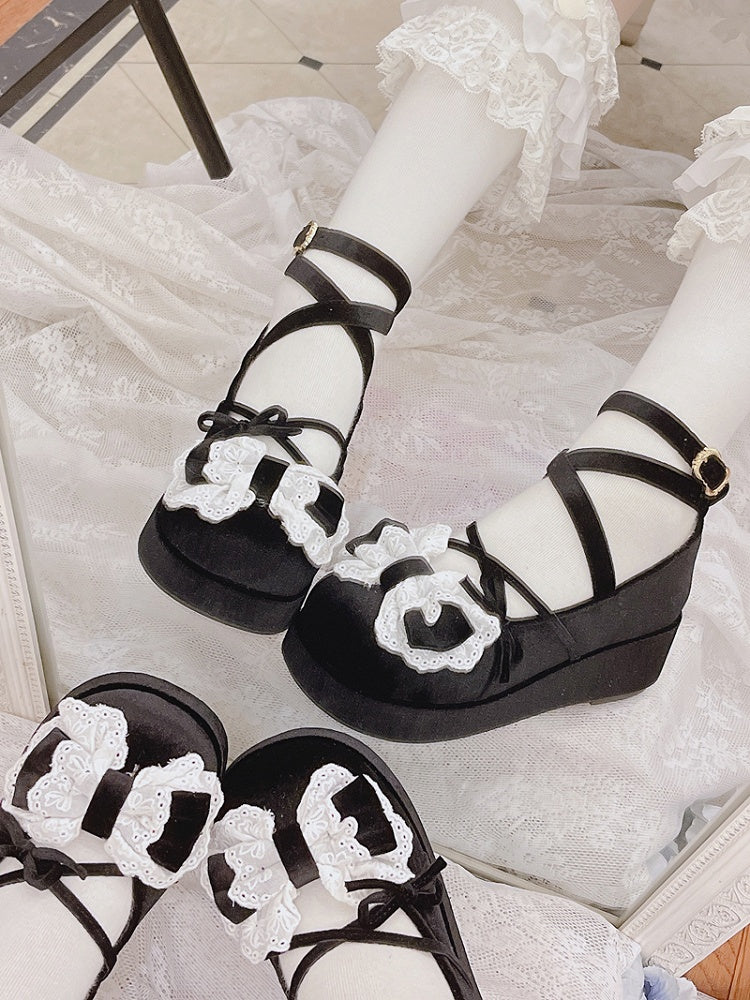 Black Bow Accents Velvet Round Toe Platforms Crisscross Ankle Strap